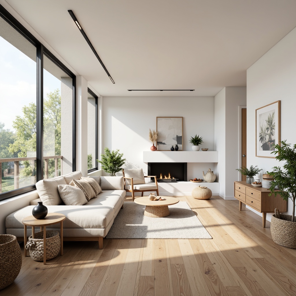 Prompt: Cozy Scandinavian living room, minimalist furnishings, sleek wooden floors, light-filled space, floor-to-ceiling windows, white walls, natural textiles, woven baskets, rustic wood accents, simple geometric patterns, calming color palette, soft warm lighting, shallow depth of field, 3/4 composition, realistic textures, ambient occlusion.