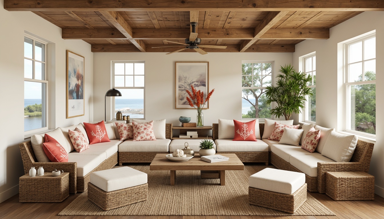 Prompt: Coastal living room, natural fabrics, woven rattan furniture, ocean-inspired color palette, sandy beige walls, driftwood accents, coral patterned throw pillows, sea glass vases, nautical rope decorations, linen upholstery, beachy vibe, soft warm lighting, shallow depth of field, 1/1 composition, panoramic view, realistic textures, ambient occlusion.