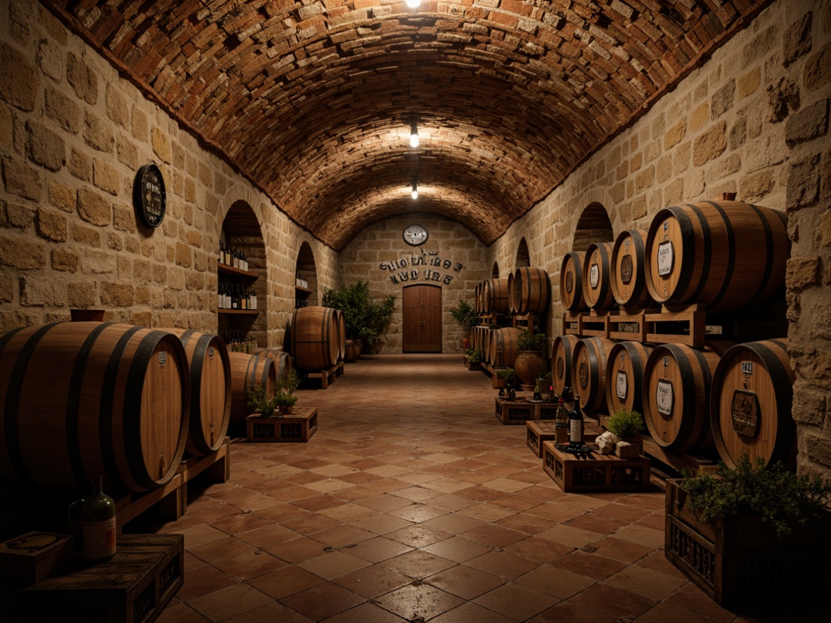 Prompt: Rustic wine cellar, stone walls, brick arches, wooden barrels, dimly lit atmosphere, soft warm lighting, natural earthy tones, oak wood accents, wrought iron details, ceramic tiles, aged wooden crates, vintage wine bottles, dusty air, mysterious ambiance, low ceiling, narrow corridors, intimate settings, subtle shadows, warm color palette, 1/1 composition, realistic textures, ambient occlusion.