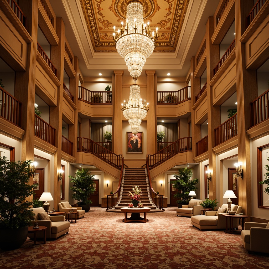 Prompt: Grand hotel lobby, ornate chandeliers, warm golden lighting, rich wood accents, elegant furnishings, luxurious carpets, intricately patterned rugs, refined decor, soft warm glow, ambient illumination, dramatic ceiling fixtures, opulent staircases, majestic columns, lavish drapery, intricate moldings, warm beige walls, inviting atmosphere, soft focus, shallow depth of field, 1/1 composition, realistic textures.