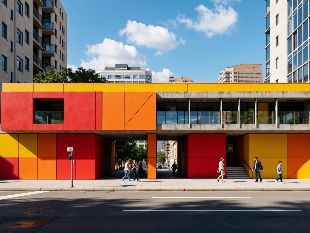 Prompt: Geometric bus station, bold primary colors, rectangular forms, industrial materials, concrete structures, steel beams, glass roofs, minimalist design, functional layout, urban atmosphere, morning sunlight, high-contrast lighting, dramatic shadows, abstract patterns, sans-serif typography, functionality-driven architecture, rationalist aesthetic, urban modernity.