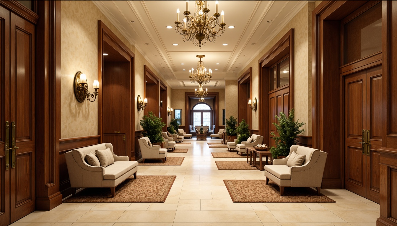 Prompt: Elegant university hallway, rich wood paneling, cream-colored marble floors, ornate chandeliers, plush velvet sofas, tufted leather armchairs, polished bronze door handles, intricate stone carvings, textured wallpaper, subtle patterned rugs, warm beige tones, softbox lighting, 1/2 composition, realistic render, high-contrast textures.