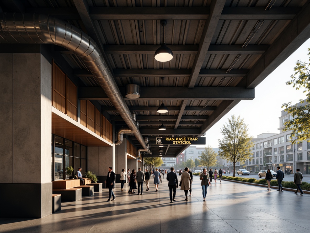 Prompt: Industrial-style bus station, minimalist architecture, clean lines, rectangular shapes, functional design, exposed ductwork, steel beams, concrete floors, industrial lighting fixtures, pendant lamps, metal shades, warm-toned wooden accents, geometric patterns, bold typography, urban cityscape, busy streets, morning rush hour, soft natural light, high-contrast shadows, dramatic spotlights, 1/2 composition, low-angle shot, realistic materials, ambient occlusion.