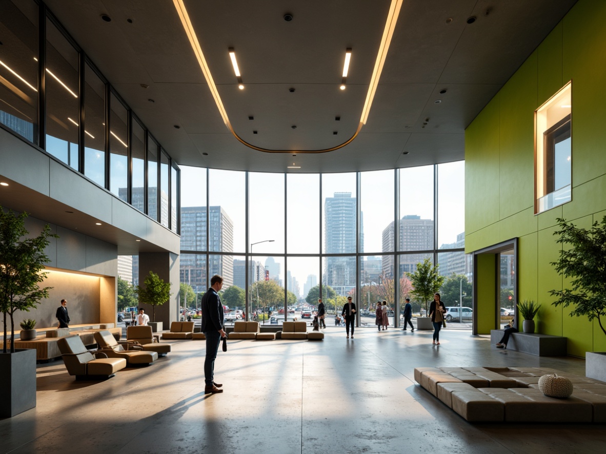 Prompt: Curved lines, minimalist aesthetic, open floor plans, high ceilings, abundant natural light, sleek metal accents, polished concrete floors, geometric patterns, vibrant green walls, urban cityscape views, modern skyscrapers, busy streets, soft warm lighting, shallow depth of field, 3/4 composition, panoramic view, realistic textures, ambient occlusion.