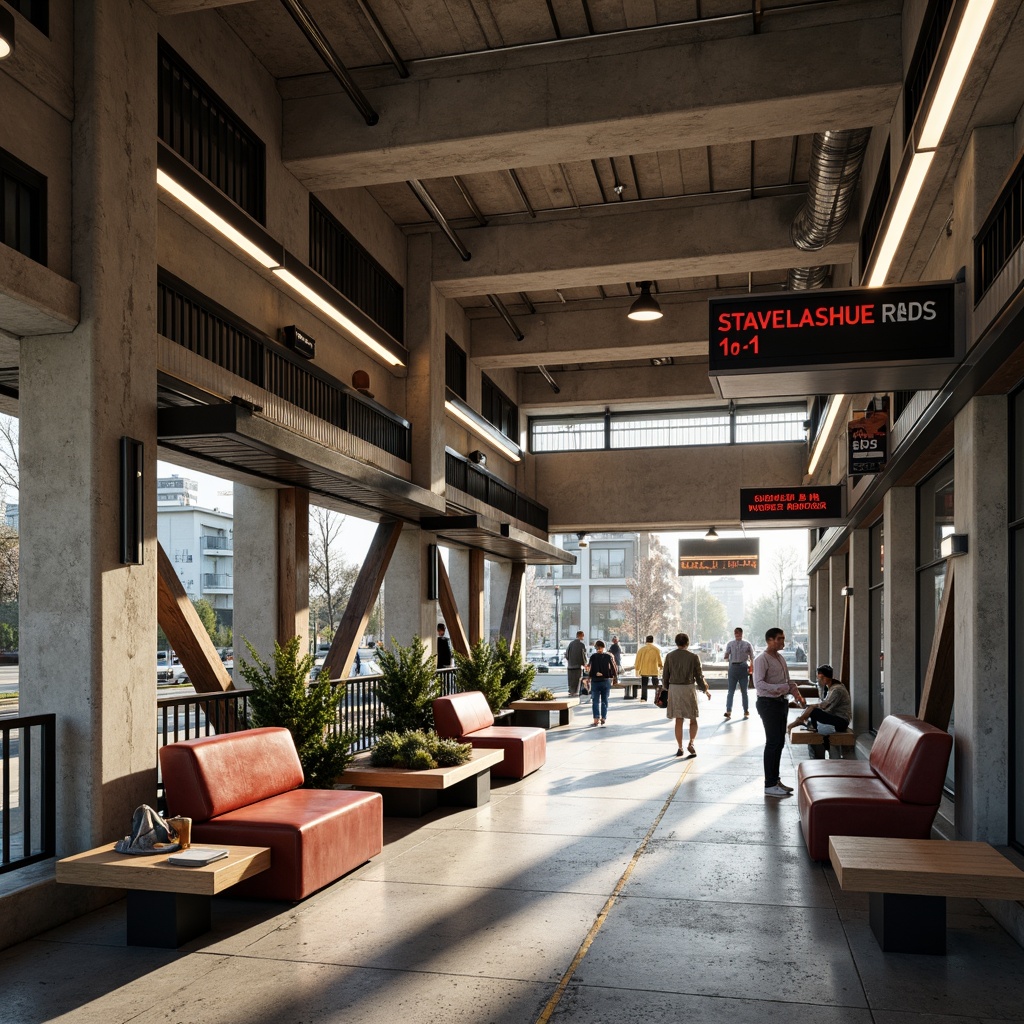 Prompt: Rustic bus station, industrial aesthetic, raw concrete structures, steel beams, minimalist design, functional architecture, bold geometric shapes, primary color accents, wooden benches, metal railings, exposed ductwork, urban landscape, busy streetscape, natural light pouring in, high ceilings, open spaces, brutalist elements, modernist influences, rough-textured materials, sleek signage, futuristic lighting fixtures, 1/1 composition, dramatic shadows, low-key lighting.