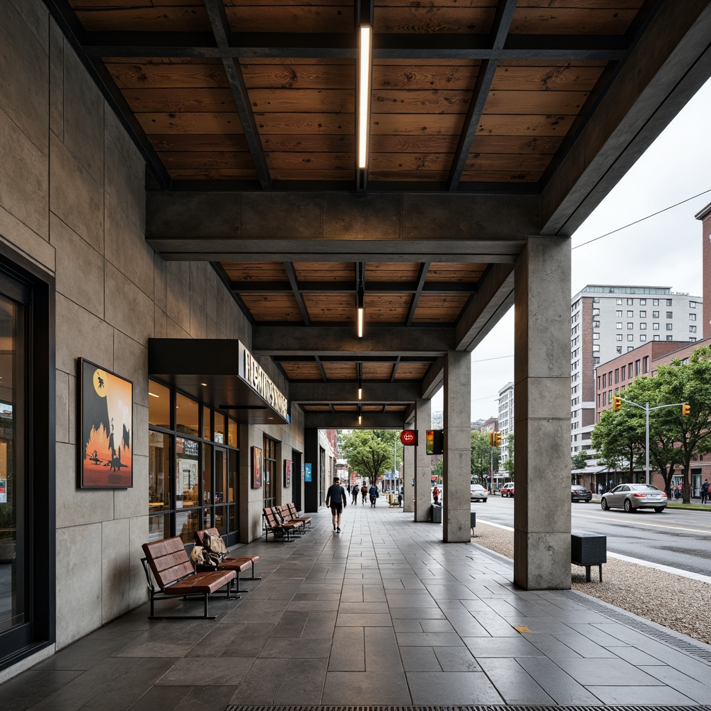 Prompt: Rustic bus station, industrial materials, raw concrete walls, steel beams, wooden accents, minimalist design, functional aesthetics, bold typography, primary color scheme, rectangular forms, clean lines, geometric patterns, metal benches, industrial lighting fixtures, urban landscape, bustling city atmosphere, overcast sky, dramatic shadows, high contrast ratio, 1/1 composition, symmetrical framing.