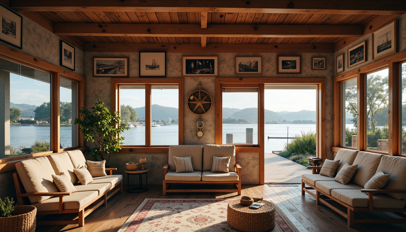 Prompt: Rustic boathouse, wooden docks, serene lake views, soft warm lighting, plush furnishings, distressed wood accents, natural stone walls, vintage nautical decor, floral patterns, striped fabrics, linen upholstery, velvet pillows, woven baskets, macrame wall hangings, rattan furniture, pastel color palette, relaxed cozy atmosphere, 1/1 composition, intimate warm lighting, shallow depth of field.