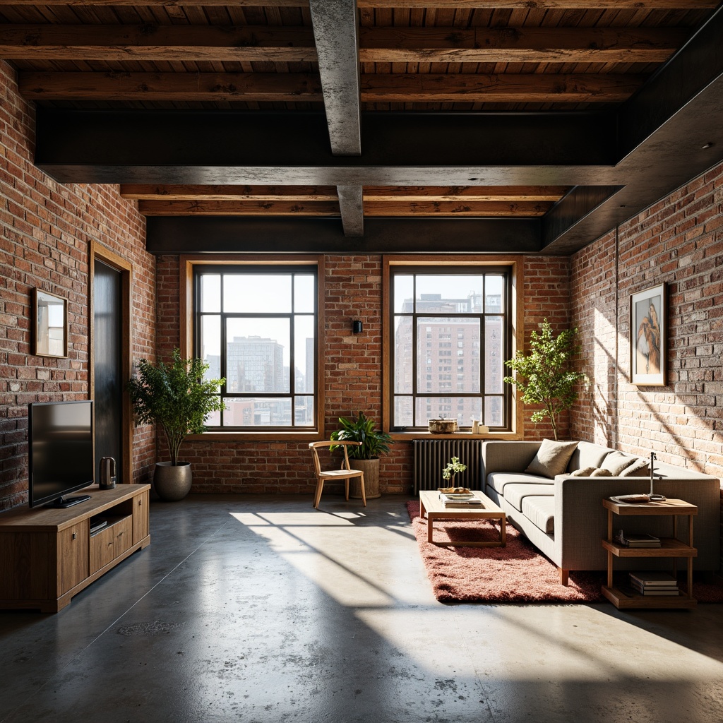 Prompt: Industrial-chic interior, exposed brick walls, polished concrete floors, metallic accents, reclaimed wood furniture, matte black steel beams, minimalist decor, urban loft atmosphere, natural light pouring in, soft warm glow, shallow depth of field, 1/1 composition, realistic textures, ambient occlusion.