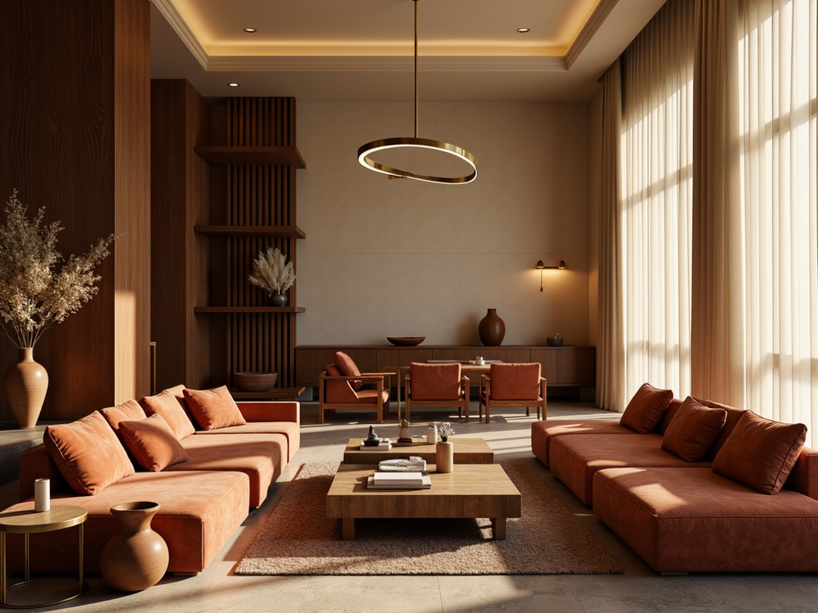 Prompt: Rich velvet sofas, warm beige walls, dark wood accents, soft cream curtains, luxurious gold lighting fixtures, earthy terracotta vases, natural stone floors, elegant minimalist decor, ambient warm glow, shallow depth of field, 2/3 composition, realistic textures, subtle color gradations, harmonious color balance.