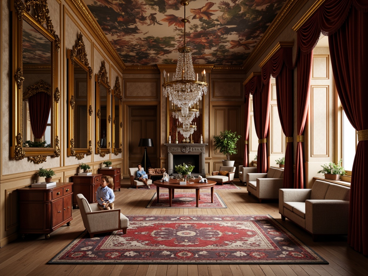 Prompt: Ornate mirrors, gilded frames, velvet drapes, luxurious fabrics, richly patterned rugs, intricately carved wooden panels, ornamental plasterwork, dramatic coved ceilings, crystal chandeliers, lavish frescoes, golden accents, soft warm lighting, shallow depth of field, 1/2 composition, realistic textures, ambient occlusion.