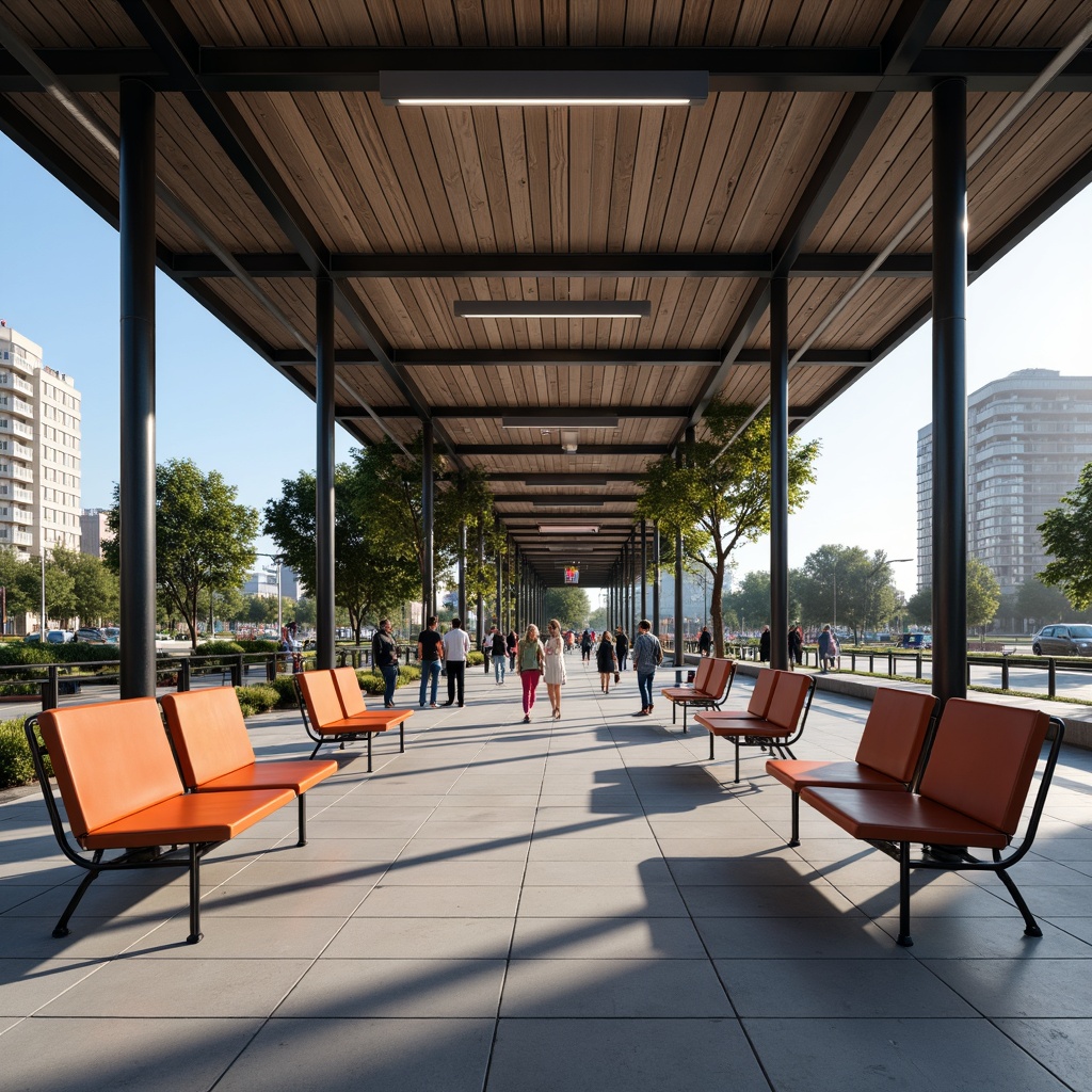 Prompt: Clean-lined bus station, functional furniture, industrial materials, tubular steel frames, leather cushions, geometric patterns, primary color accents, minimalist decor, rectangular shapes, cantilevered benches, suspended lighting fixtures, urban landscape, busy commuter atmosphere, morning sunlight, shallow depth of field, 1/1 composition, symmetrical view, high-contrast textures, ambient occlusion.