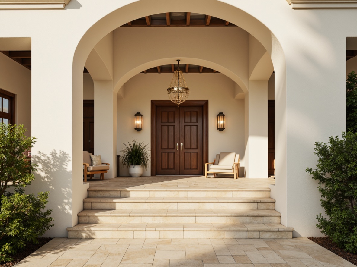 Prompt: Welcoming entrance, symmetrical archways, creamy white walls, rich wood accents, elegant chandeliers, subtle gold details, soft beige flooring, lush greenery, natural stone steps, warm ambient lighting, shallow depth of field, 1/1 composition, realistic textures, ambient occlusion.