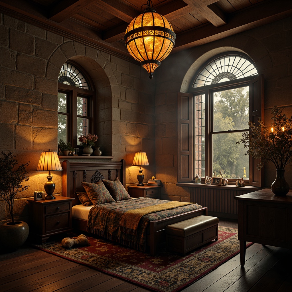 Prompt: Mysterious kid's bedroom, dark wood furniture, stone walls, stained glass windows, grandiose chandeliers, eerie lanterns, flickering candles, mysterious shadows, spooky ambiance, warm golden lighting, dramatic spotlights, 1/2 composition, low-key illumination, misty atmosphere, medieval-inspired decor, rich velvet fabrics, ornate metalwork, mystical symbols.