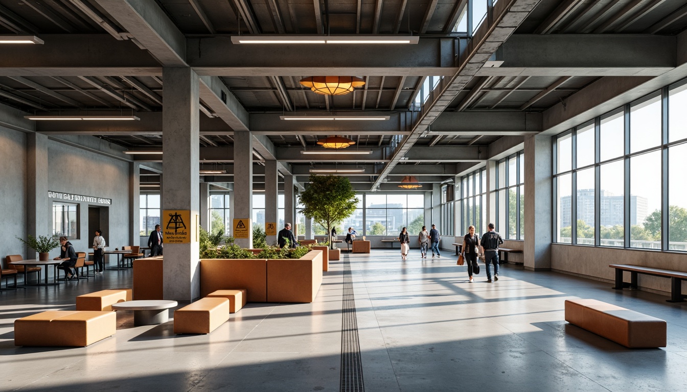 Prompt: Functional bus station, industrial materials, exposed ductwork, minimalist seating areas, tubular steel benches, leather straps, geometric-shaped lamps, primary-colored accents, functional typography, rational architectural forms, clean lines, rectangular shapes, monochromatic color scheme, natural light pouring in, high ceilings, urban atmosphere, busy commuter activity, 3/4 composition, shallow depth of field, realistic textures.