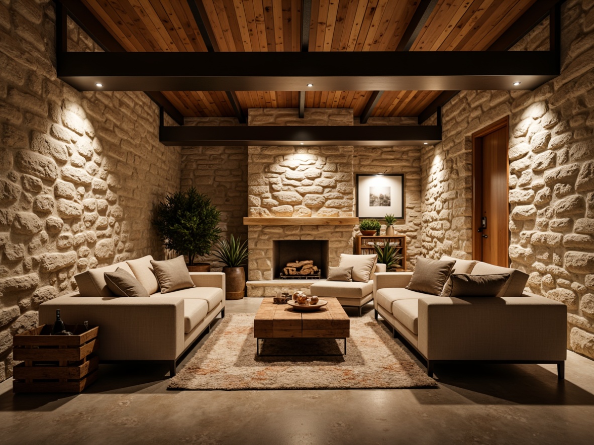 Prompt: Cozy basement living space, textured stone walls, earthy color palette, warm ambient lighting, plush area rugs, comfortable sectional sofas, reclaimed wood accents, industrial metal beams, modern minimalist decor, natural stone flooring, rustic wooden crates, soft warm glow, shallow depth of field, 1/1 composition, intimate atmosphere, realistic textures, ambient occlusion.