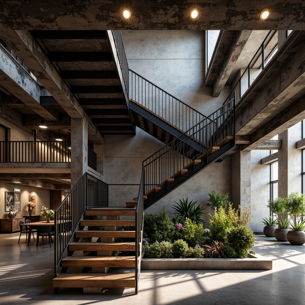 Prompt: Exposed metal staircase, industrial-style railings, reclaimed wood treads, distressed steel beams, urban loft ambiance, high-ceilinged space, concrete floors, Edison bulb lighting, minimalist decor, functional simplicity, bold color accents, geometric patterns, modern urban aesthetic, atmospheric shadows, dramatic verticality, 1/1 composition, low-key lighting, realistic metallic textures.