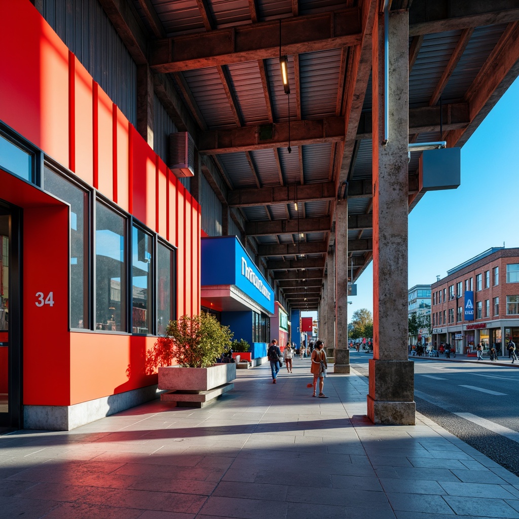 Prompt: Vibrant bus station, bold primary colors, bright red accents, deep blue tones, geometric shapes, industrial materials, concrete walls, steel beams, minimalist design, functional layout, sleek signage, modern typography, urban atmosphere, busy streets, morning sunlight, dramatic shadows, 1/1 composition, high-contrast lighting, realistic textures, ambient occlusion.