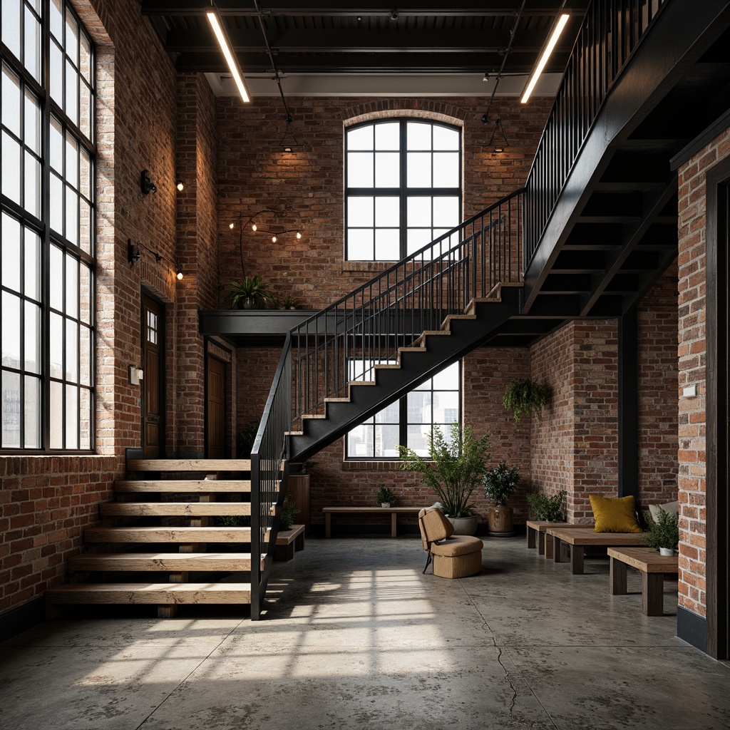 Prompt: Industrial chic staircase, metal railings, reclaimed wood steps, exposed brick walls, urban loft atmosphere, modern minimalist decor, sleek steel beams, distressed concrete floors, industrial-style lighting fixtures, Edison bulbs, metal mesh panels, rustic wooden accents, open-plan layout, high ceilings, natural light pouring in, atmospheric shadows, 1/1 composition, dramatic low-angle shot, realistic metallic textures, subtle ambient occlusion.