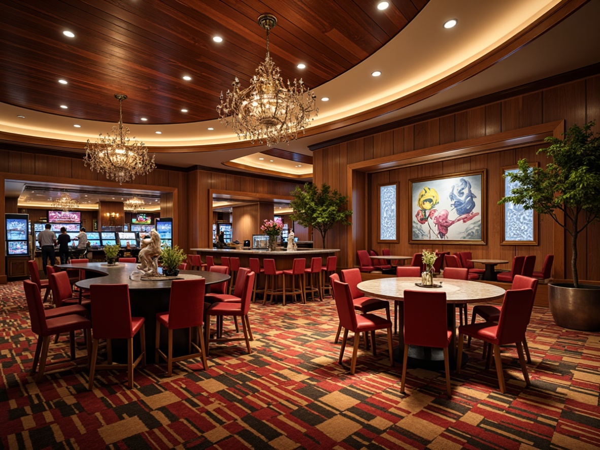 Prompt: Luxurious casino interior, mid-century modern design, rich wood tones, velvet upholstery, geometric patterned carpets, metallic accents, ornate chandeliers, retro-inspired signage, bold colorful artwork, abstract sculptures, sleek marble countertops, warm ambient lighting, dramatic ceiling details, 1/1 composition, shallow depth of field, realistic reflections, atmospheric rendering.