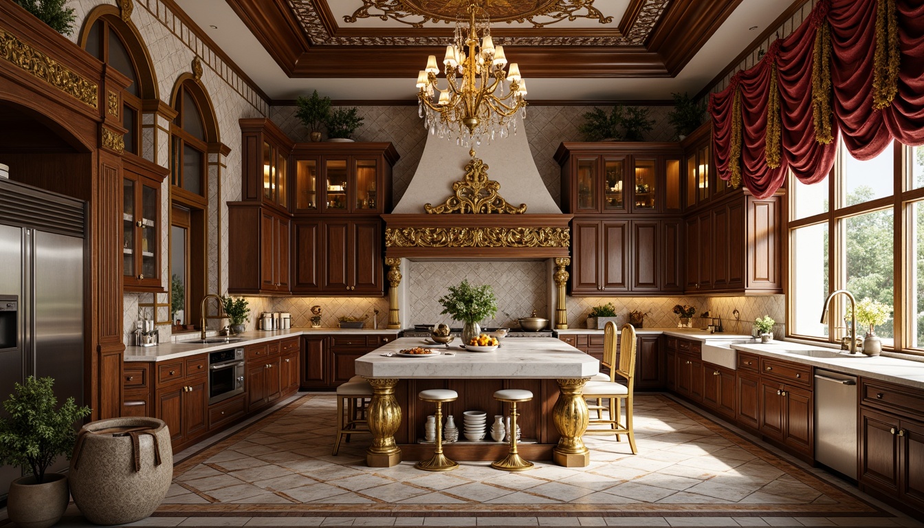 Prompt: Luxurious kitchen, ornate golden fixtures, intricately carved wooden cabinets, richly patterned marble countertops, lavish crystal chandeliers, opulent velvet drapes, grandiose baroque arches, exquisite hand-painted ceramics, intricate moldings, gilded accents, soft warm lighting, shallow depth of field, 1/1 composition, realistic textures, ambient occlusion.