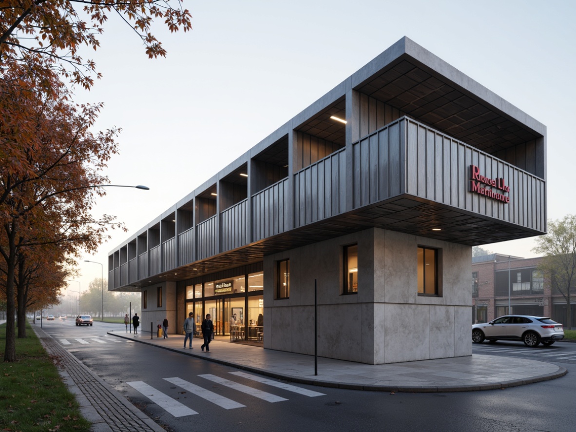 Prompt: Rustic bus station, industrial materials, exposed concrete walls, steel beams, metal roofing, large glass windows, minimalist design, functional layout, efficient traffic flow, modernist architecture, bold color scheme, primary colors, geometric shapes, clean lines, rectangular forms, urban landscape, city streets, asphalt pavement, streetlights, morning mist, soft natural lighting, shallow depth of field, 2/3 composition, realistic textures, ambient occlusion.