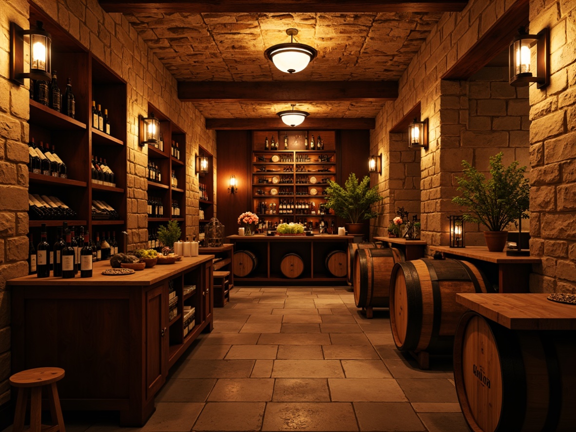 Prompt: Warm traditional wine cellar, rustic stone walls, wooden barrel racks, dimmed warm lighting, soft candlelight, rich wood tones, vintage metal lanterns, ornate chandeliers, subtle ambient glow, dramatic spotlights, accentuating wine displays, cozy intimate atmosphere, earthy color palette, natural stone flooring, aged wooden crates, dusty bottles, classic wine labels, romantic ambiance, warm golden lighting, 1/2 composition, realistic textures, soft shadows.