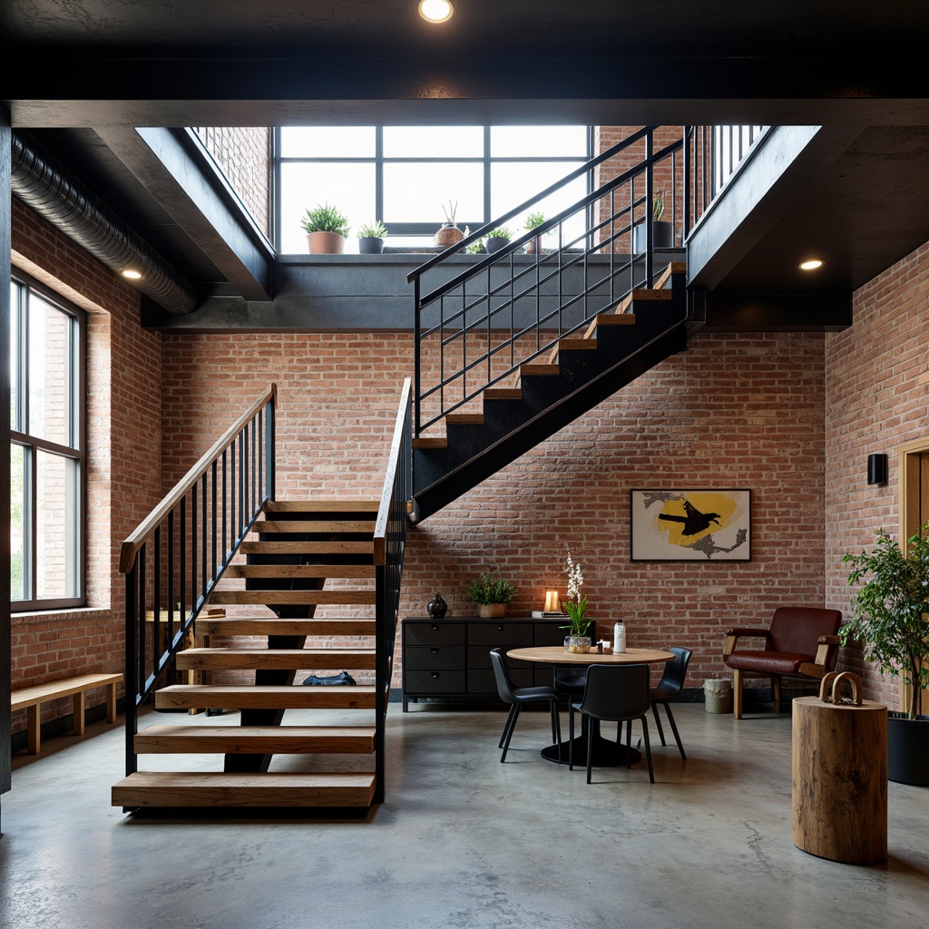 Prompt: Industrial chic staircase, steel stringers, wooden treads, metal railings, minimalist design, exposed brick walls, concrete floors, industrial-style lighting fixtures, matte black finishes, polished chrome accents, reclaimed wood, distressed textures, urban loft atmosphere, natural light pouring in, shallow depth of field, 2/3 composition, realistic reflections, ambient occlusion.