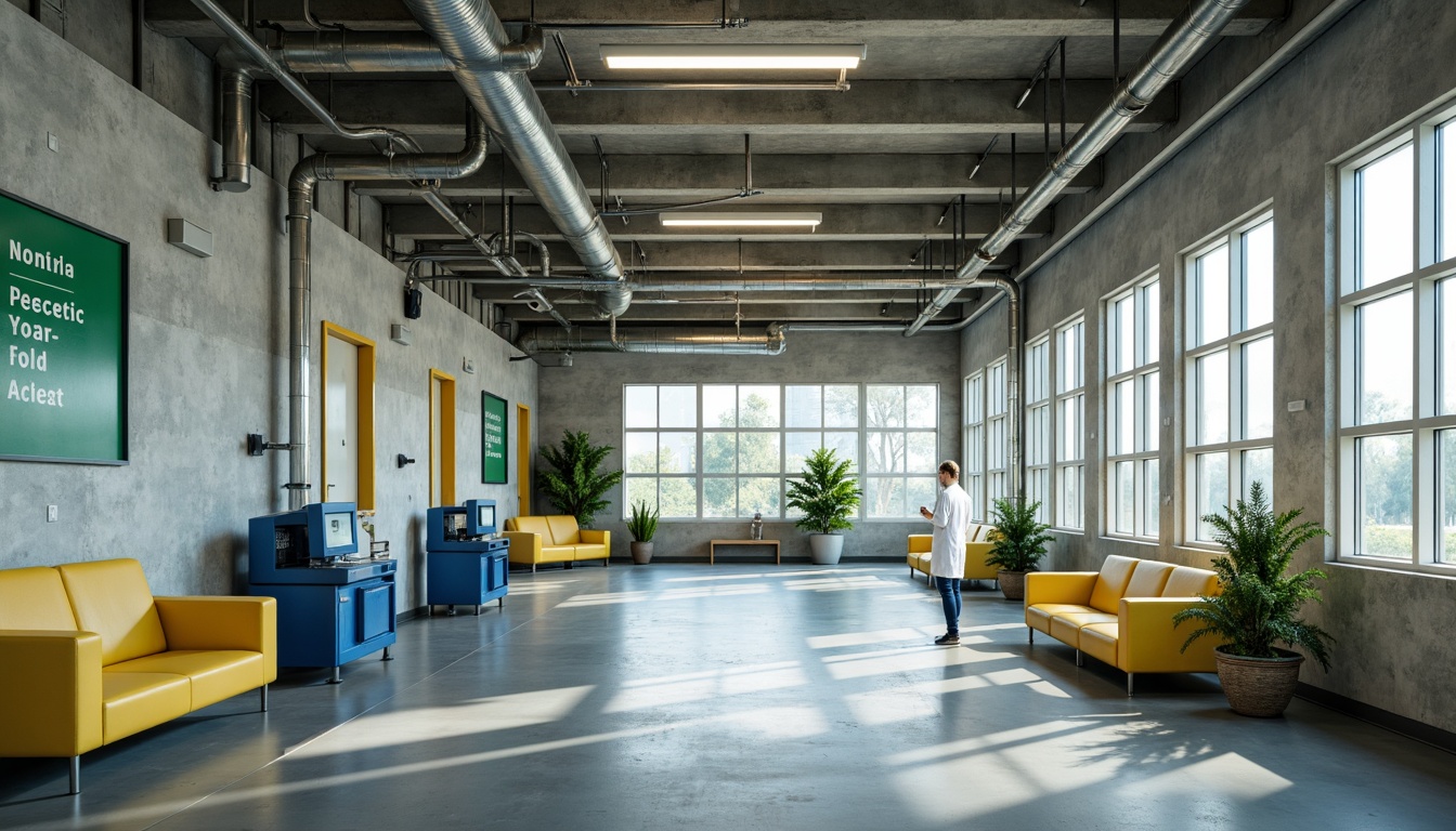 Prompt: Exposed concrete walls, industrial pipes, minimalist decor, bold color accents, bright yellow furniture, deep blue medical equipment, vibrant green signage, raw metal frames, functional architecture, institutional ambiance, sterile atmosphere, high ceilings, large windows, natural light pouring in, dramatic shadows, 1/1 composition, symmetrical framing, harsh overhead lighting, realistic textures, ambient occlusion.