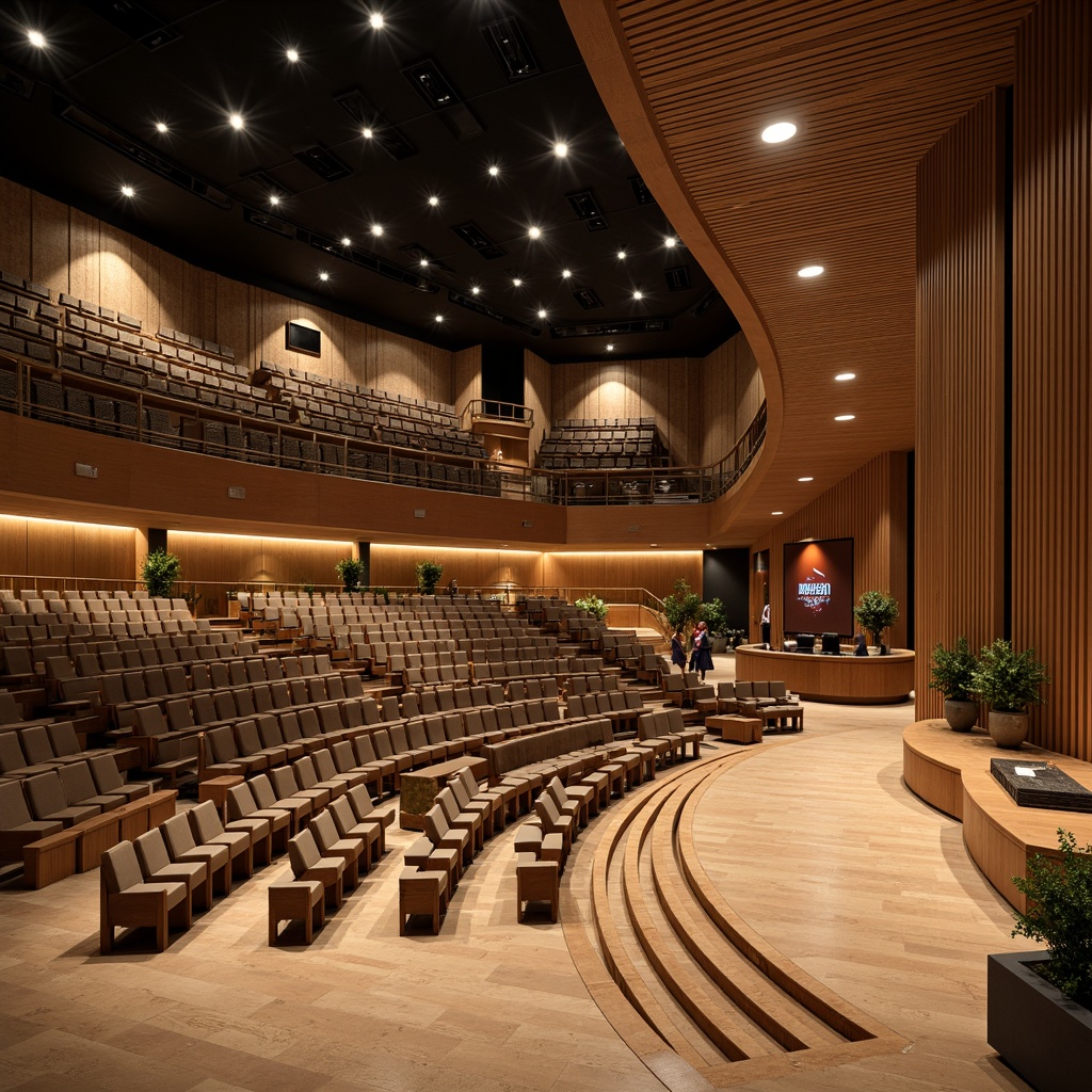 Prompt: Elegant auditorium interior, curved rows of seats, wooden podium, acoustic panels with geometric patterns, sound-absorbing materials, soft warm lighting, shallow depth of field, 3/4 composition, realistic textures, ambient occlusion, modern minimalist design, sleek metal railings, polished wooden floors, natural stone walls, educational signage, interactive displays, comfortable seating areas, collaborative learning spaces, state-of-the-art audiovisual systems.