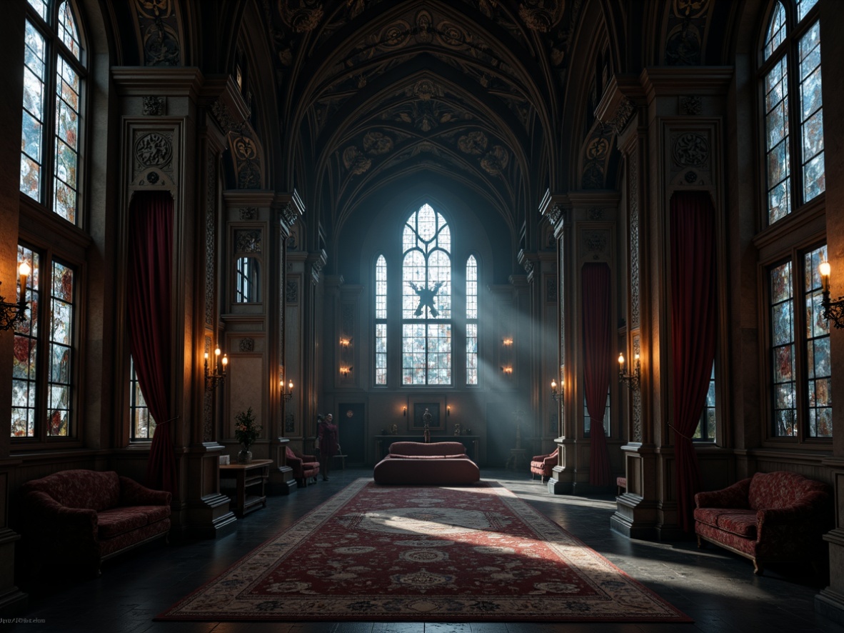 Prompt: Dark, mysterious chapel, grandiose vaulted ceilings, ornate stone carvings, stained glass windows, lavish velvet drapes, intricately patterned rugs, heavy wooden furniture, carved gothic arches, mystical candlelight, dramatic shadows, rich jewel tones, luxurious textiles, antique metalwork, mysterious ambiance, eerie silence, atmospheric fog, low-key lighting, symmetrical composition, ornate details, distressed finishes.