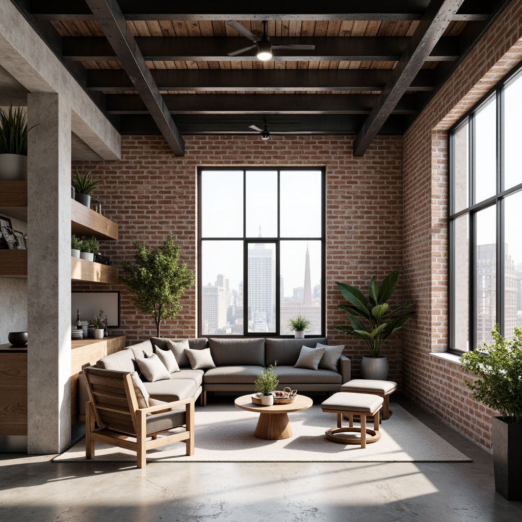 Prompt: Exposed brick walls, industrial metal beams, polished concrete floors, reclaimed wood accents, minimal ornamentation, neutral color palette, creamy whites, weathered woods, soft grays, taupe undertones, rich charcoals, bold black accents, matte finishes, urban loft atmosphere, abundant natural light, floor-to-ceiling windows, airy open spaces, modern minimalist decor, Scandinavian-inspired furniture, monochromatic color scheme, subtle texture variations, cozy warm ambiance, softbox lighting, 1/2 composition, realistic renderings.