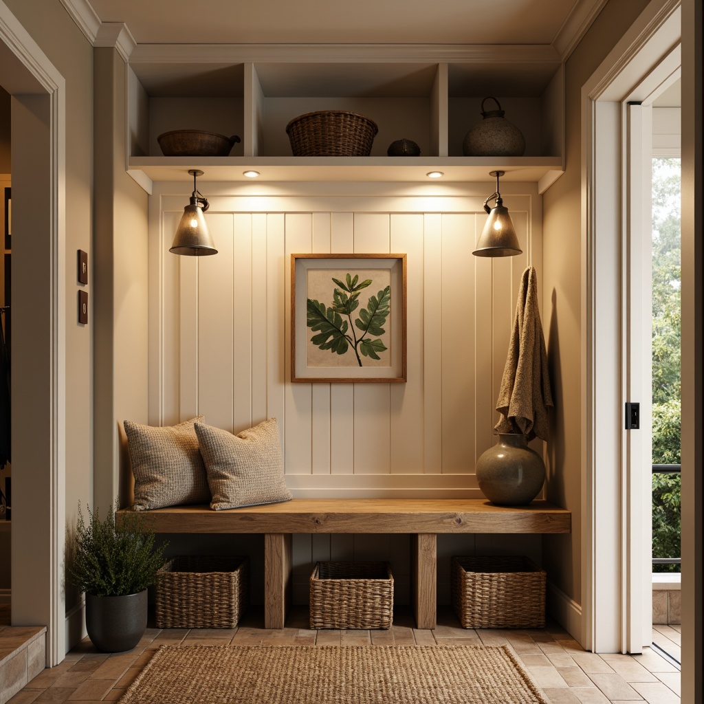 Prompt: Cozy mudroom, rustic wooden bench, woven baskets, natural stone flooring, earthy color palette, warm ambient lighting, soft glow, pendant lamps, industrial metal shades, recessed ceiling lights, LED strips, modern farmhouse style, bright overhead lighting, task-oriented under-cabinet lights, warm beige walls, creamy white trim, nature-inspired decorative accents, botanical prints, woven textiles, organic shapes, 1/1 composition, high contrast ratio, dramatic shadows.