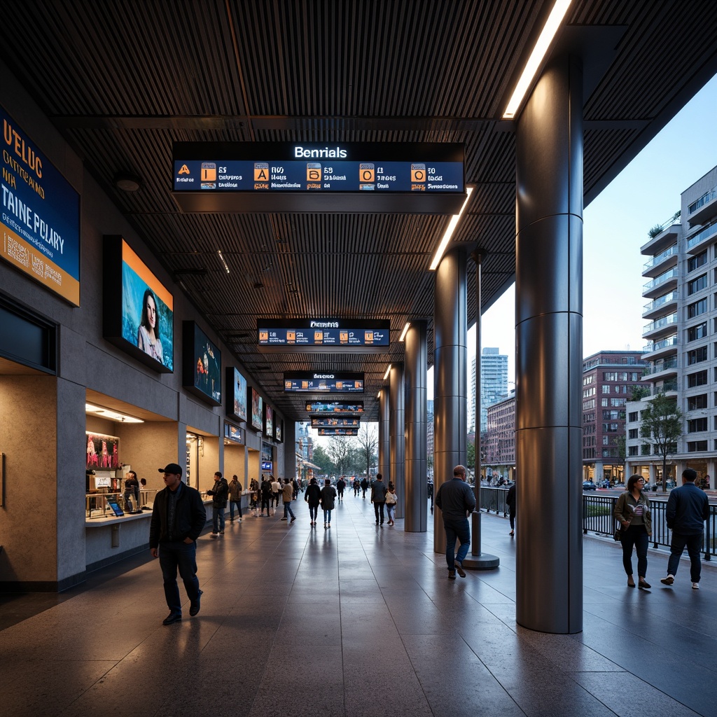 Prompt: Vibrant metro station, sleek modern architecture, bright LED signage, bold font displays, dynamic digital screens, intuitive wayfinding systems, stainless steel pillars, polished granite floors, bustling pedestrian traffic, natural stone walls, urban cityscape views, morning rush hour, soft warm lighting, shallow depth of field, 3/4 composition, panoramic view, realistic textures, ambient occlusion.