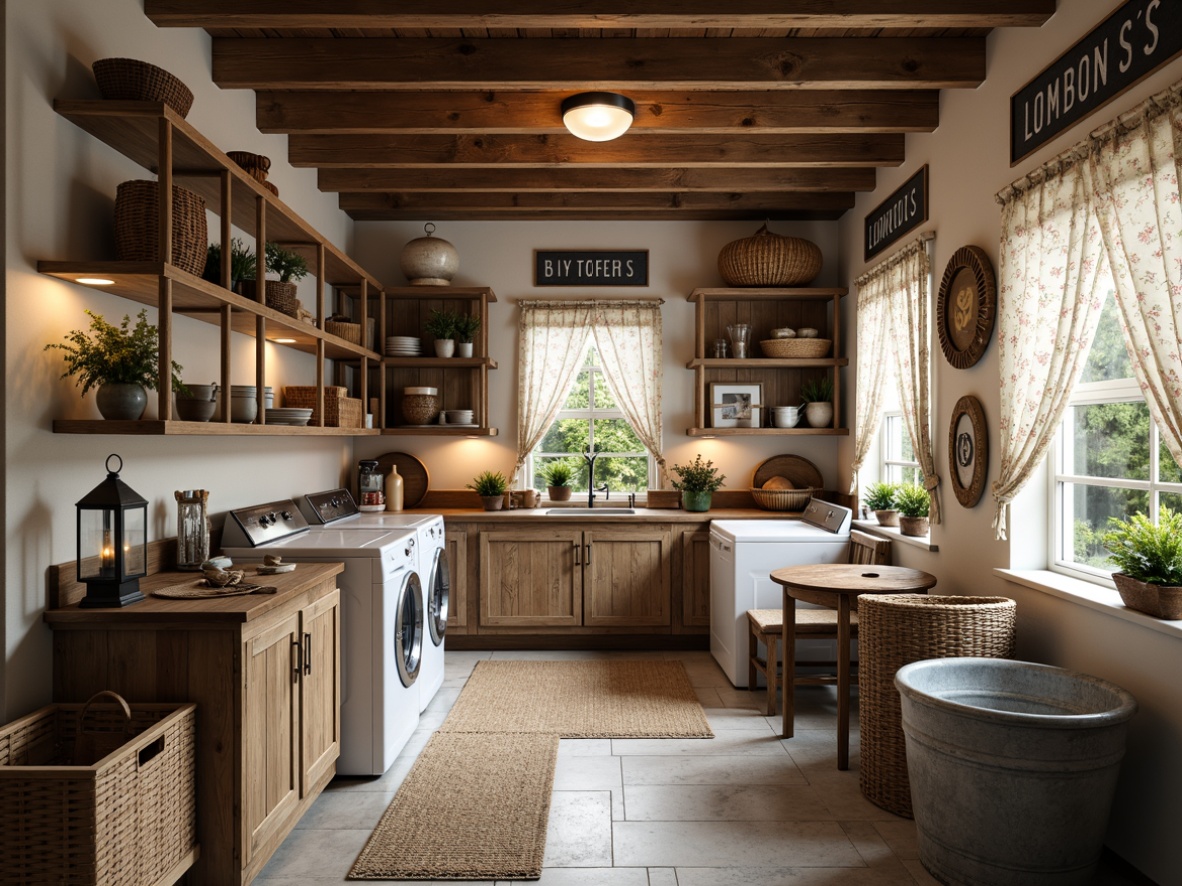 Prompt: Rustic farmhouse laundry room, open shelving units, wooden crates, woven baskets, vintage metal signs, distressed wood accents, soft warm lighting, natural stone flooring, earthy color palette, floral patterns, lace curtains, antique washing machines, rustic metal lanterns, wooden countertops, galvanized metal tubs, woven rugs, airy feel, shallow depth of field, 1/1 composition, realistic textures, ambient occlusion.