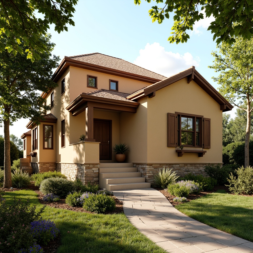 Prompt: Warm craftsman cottage, wheat-colored exterior walls, warm beige roof tiles, rustic wooden doors, earthy brown window frames, natural stone foundations, lush greenery surroundings, blooming wildflowers, sunny afternoon, soft warm lighting, shallow depth of field, 3/4 composition, realistic textures, ambient occlusion.