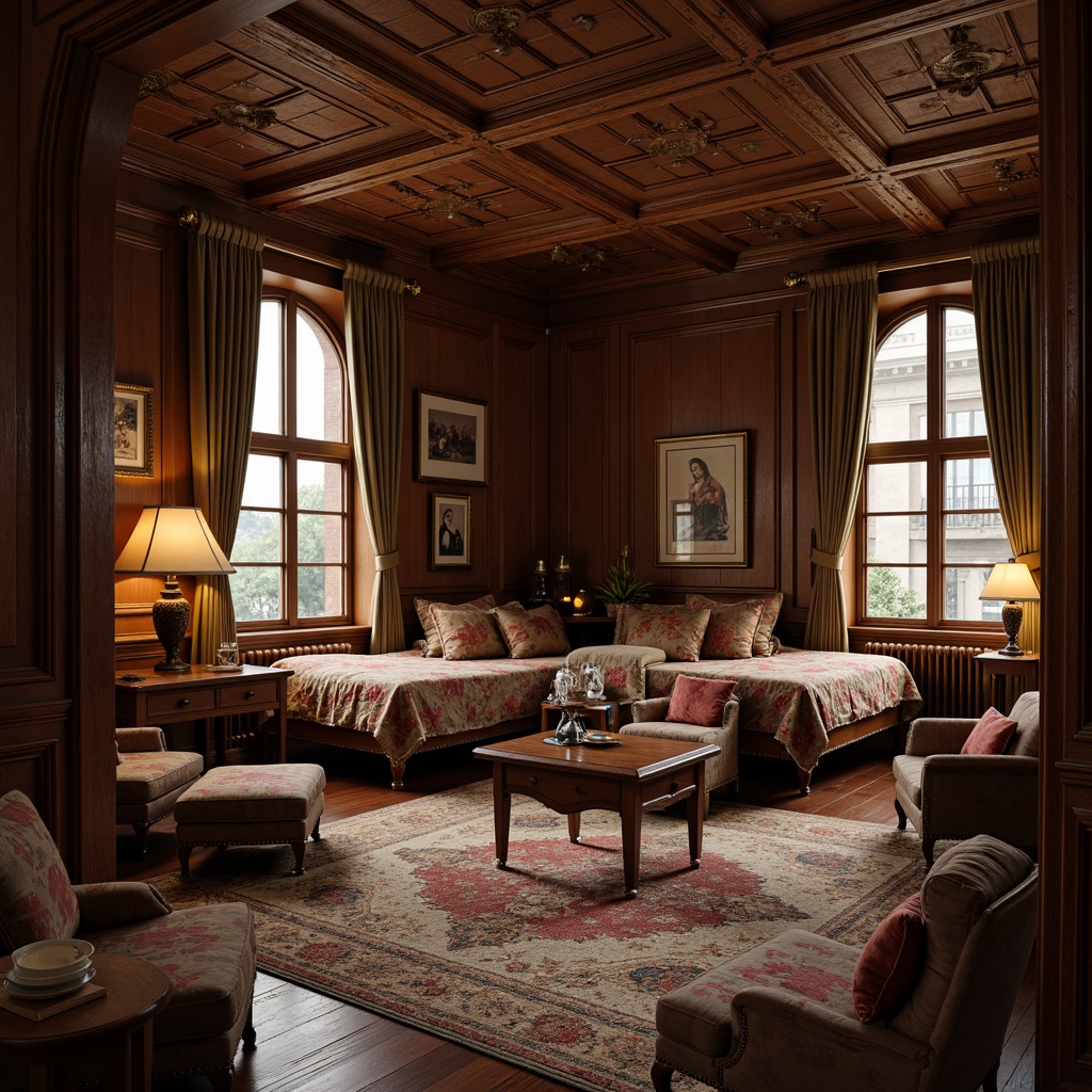 Prompt: Cozy dormitory, classic wooden furniture, ornate carvings, luxurious fabrics, rich walnut tones, elegant curves, symmetrical arrangements, intimate reading nooks, plush area rugs, soft warm lighting, subtle color palette, 1/1 composition, shallow depth of field, realistic textures, ambient occlusion.