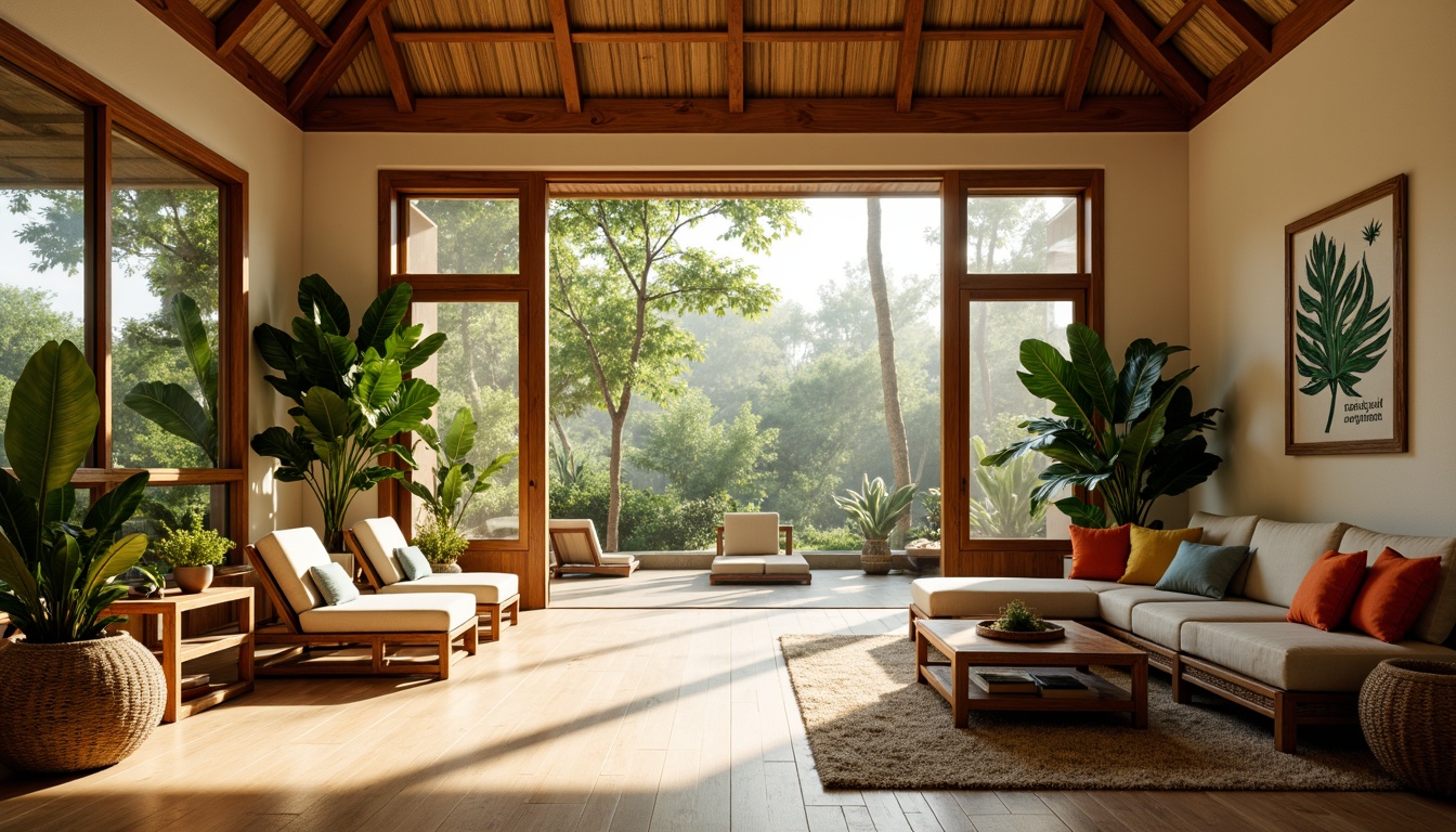 Prompt: Tropical interior, natural light pouring in, warm beige walls, polished wooden floors, lush greenery, exotic plants, rattan furniture, woven textiles, vibrant colorful accents, airy open spaces, high ceilings, large windows, sliding glass doors, soft diffused lighting, warm sunbeams, gentle shadows, 1/2 composition, shallow depth of field, realistic textures, ambient occlusion.