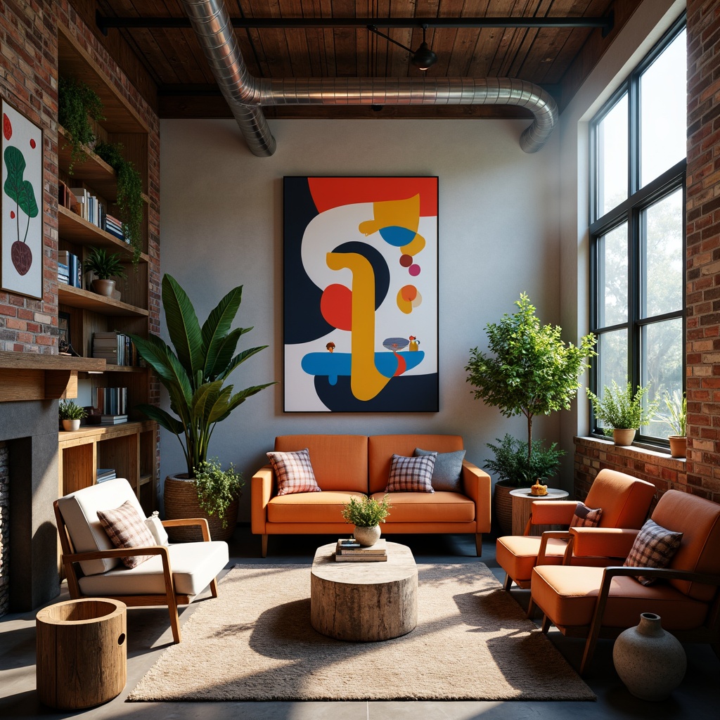 Prompt: Vibrant artistic studio, eclectic furniture pieces, abstract artwork, bold color blocking, contrasting textures, metallic accents, reclaimed wood walls, industrial chic decor, natural light pouring in, soft warm glow, atmospheric mist, shallow depth of field, 1/1 composition, cinematic lighting, realistic reflections, ambient occlusion.