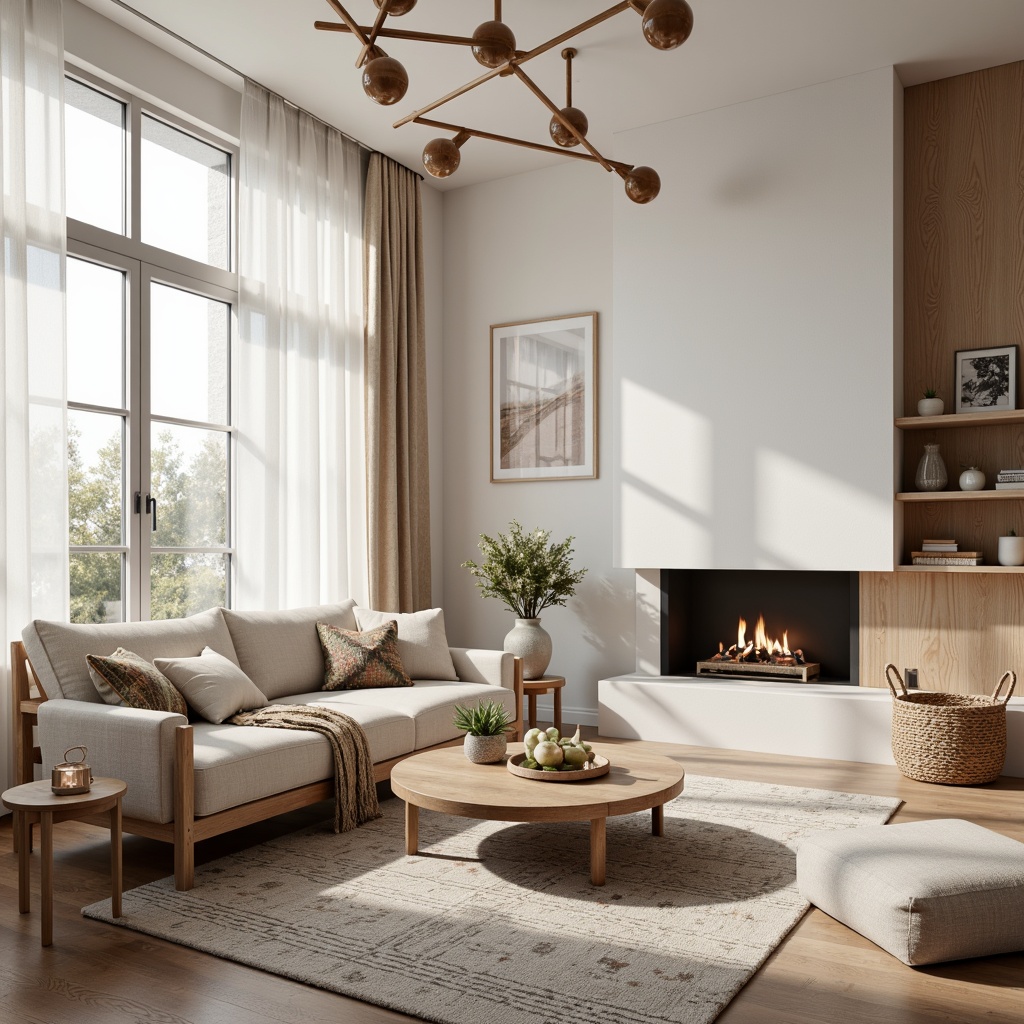 Prompt: Cozy Scandinavian living room, minimalist wooden furniture, clean lines, simple shapes, light-colored woods, soft pastel hues, creamy whites, natural textiles, woven baskets, pendant lamps, floor-to-ceiling windows, sheer curtains, Nordic-inspired patterns, geometric rugs, modern fireplace, warm candlelight, shallow depth of field, 1/2 composition, soft focus, atmospheric lighting.