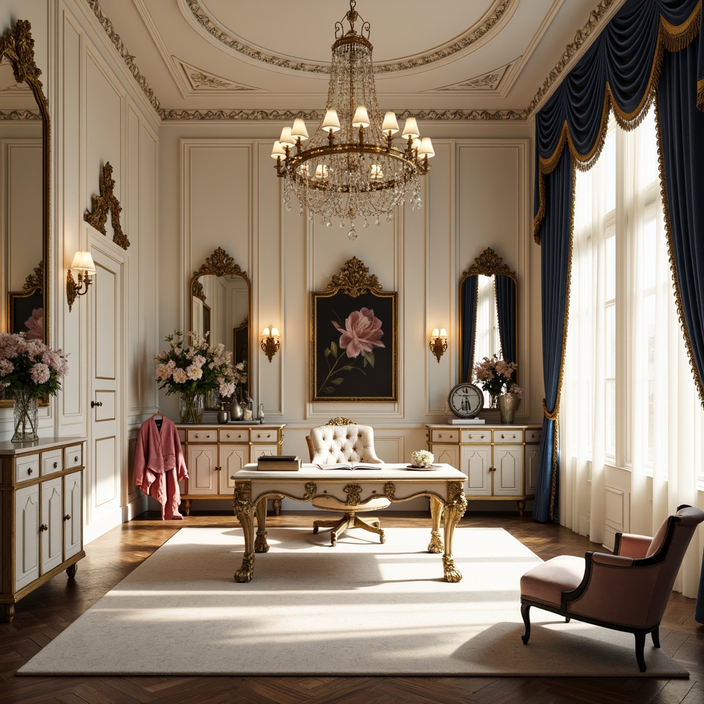 Prompt: Luxurious home office, ornate Rococo style, soft creamy whites, warm beige tones, rich gold accents, velvety dark blues, delicate pastel pinks, intricate carvings, gilded frames, ornamental mirrors, plush velvet fabrics, tufted upholstery, crystal chandeliers, marble countertops, elegant curved lines, dramatic drapery, natural light pouring in, soft focus, warm golden lighting, shallow depth of field, 1/1 composition, realistic textures, ambient occlusion.