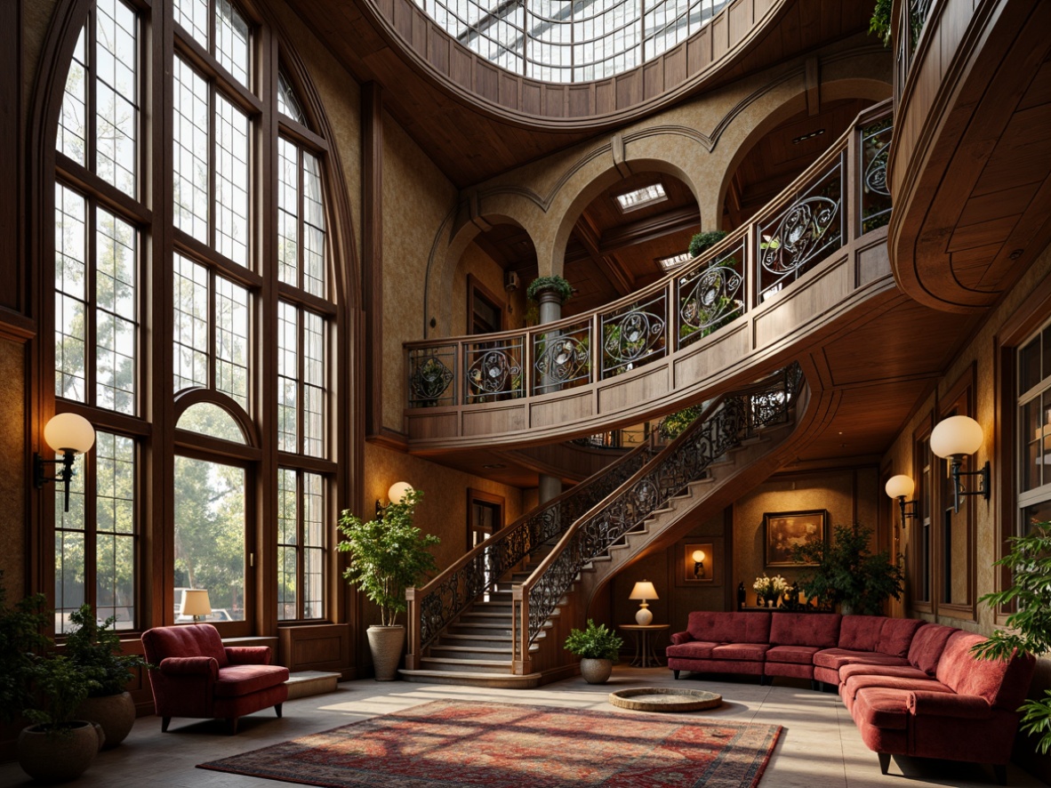 Prompt: Intricate Art Nouveau building, sinuous lines, flowing curves, organic shapes, ornate metalwork, stained glass windows, grand staircase, luxurious fabrics, velvet sofas, wooden armchairs, carved wooden panels, gilded accents, soft warm lighting, 1/1 composition, shallow depth of field, realistic textures, ambient occlusion.