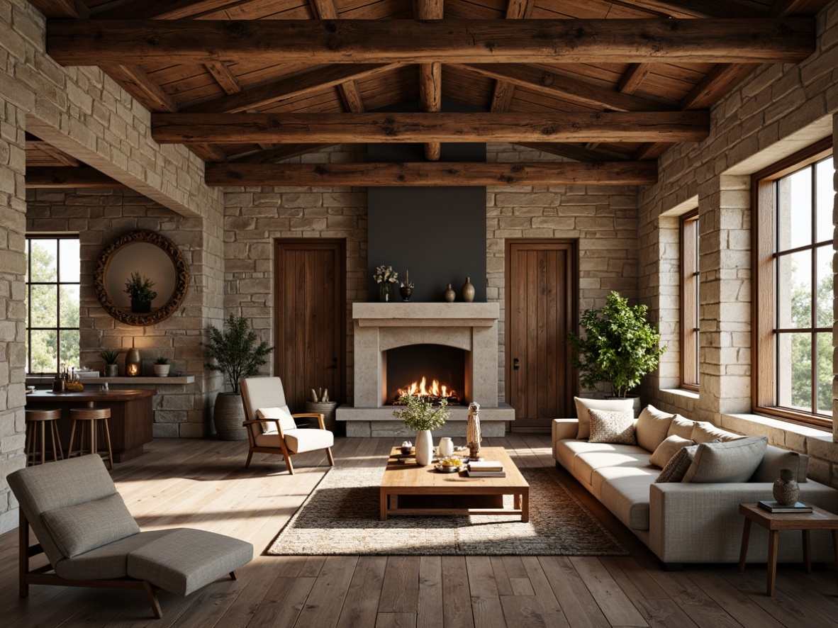 Prompt: Weathered wooden beams, rustic stone walls, earthy color palette, natural textures, reclaimed wood flooring, vintage metal accents, distressed finishes, farmhouse-inspired decor, cozy fireplaces, plush furnishings, soft warm lighting, shallow depth of field, 3/4 composition, panoramic view, realistic textures, ambient occlusion.