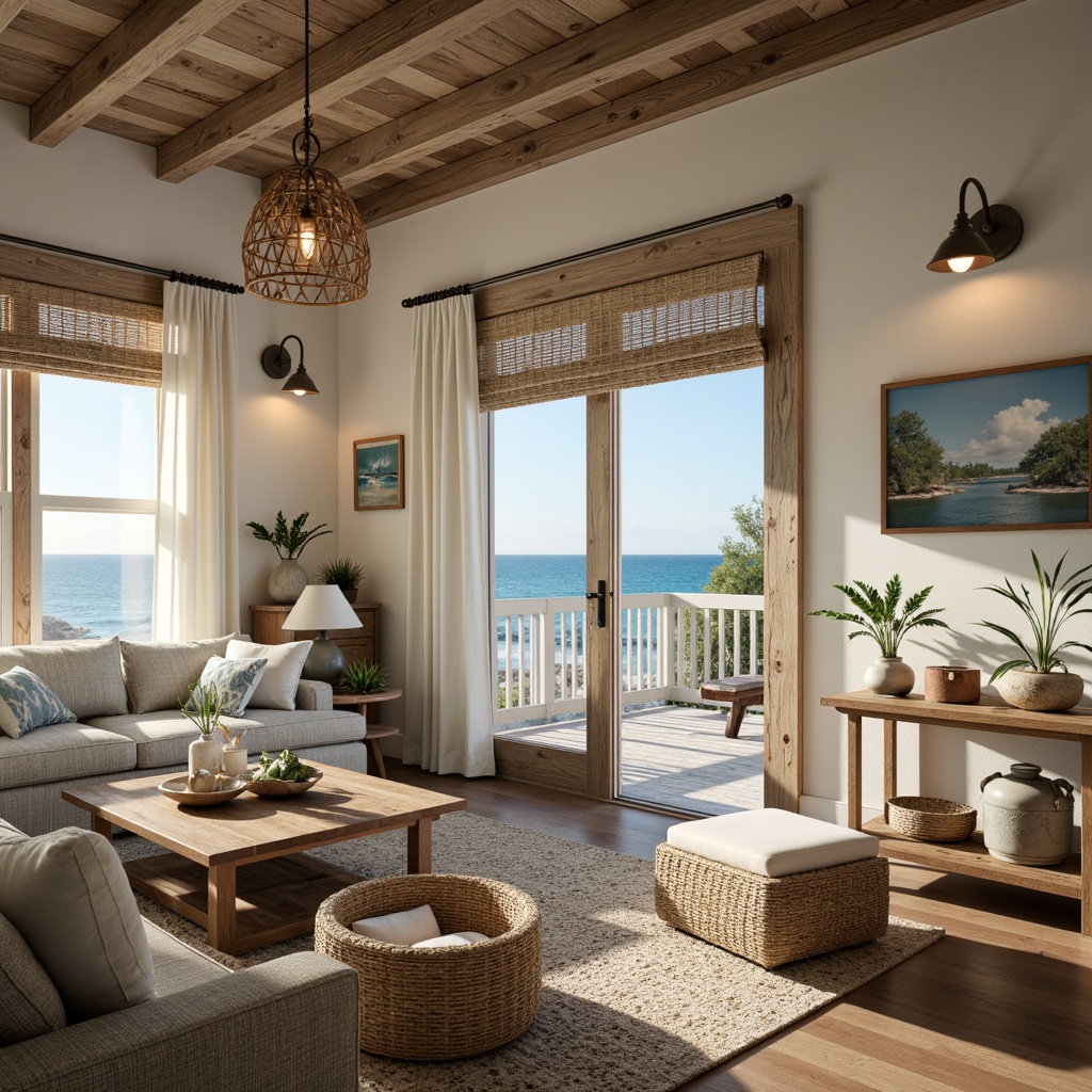 Prompt: Coastal cottage, rustic wood accents, nautical rope details, ocean-inspired color palette, soft warm lighting, pendant lanterns, distressed metal shades, glass jar chandeliers, woven rattan sconces, natural linen shades, beachy vibe, seaside atmosphere, calming ambiance, morning sunlight, gentle sea breeze, 1/1 composition, realistic textures, ambient occlusion.