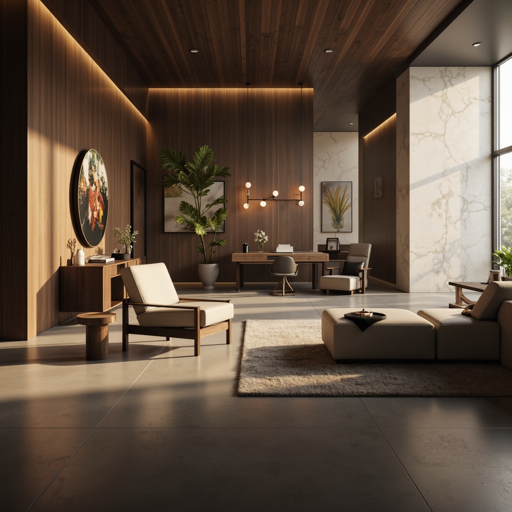 Prompt: Modern interior design, luxurious materials, high-gloss finishes, metallic accents, sleek wood textures, durable stone surfaces, matte ceramic tiles, sophisticated leather upholstery, elegant glass fixtures, chic metal hardware, ambient warm lighting, shallow depth of field, 1/1 composition, realistic reflections, soft focus background.