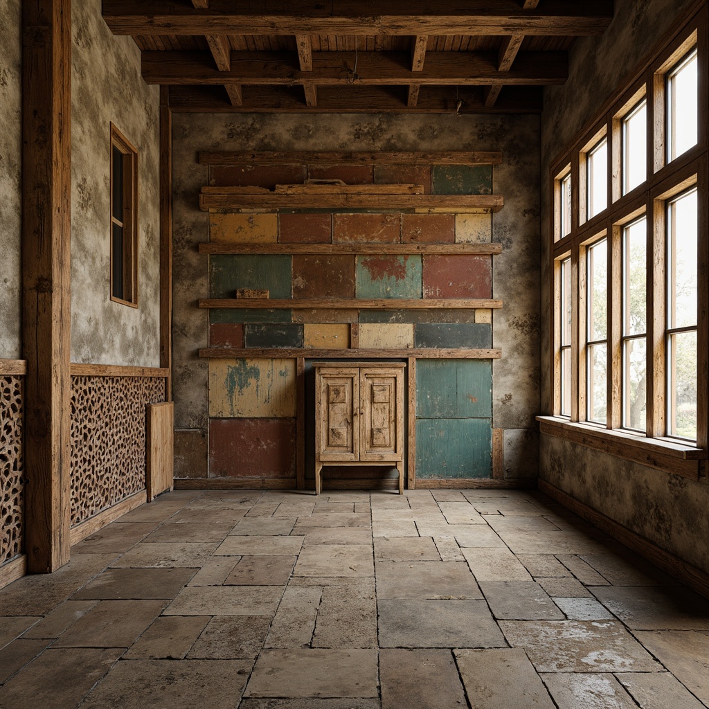 Prompt: Rustic wooden planks, distressed metal panels, rough stone walls, peeling paint, worn concrete floors, vintage brick facades, intricate stucco patterns, ornate tile mosaics, layered sedimentary rock formations, earthy natural tones, warm golden lighting, atmospheric mist, shallow depth of field, 1/1 composition, realistic textures, ambient occlusion.