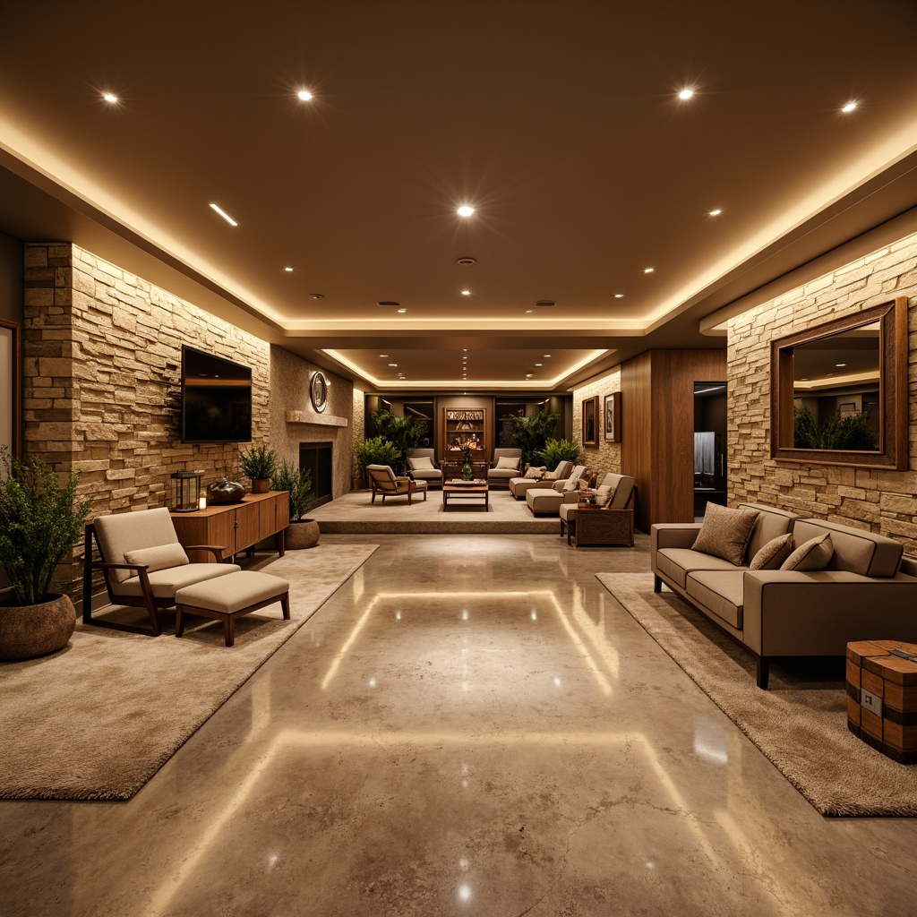 Prompt: Cozy basement interior, warm ambiance, rustic stone walls, modern epoxy flooring, glossy hardwood planks, soft plush carpeting, industrial concrete floors, metallic epoxy coatings, LED lighting strips, recessed ceiling lights, comfortable seating areas, entertainment centers, wine cellars, home gym equipment, natural wood accents, earthy color palette, warm beige tones, 1/2 composition, low-angle shot, realistic reflections, ambient occlusion.