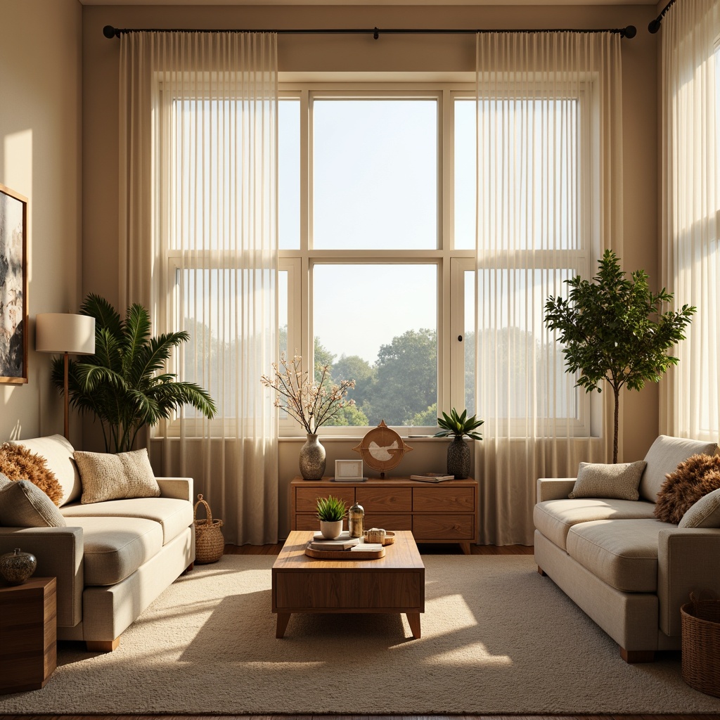 Prompt: Cozy living room, large windows, soft natural light, warm beige walls, comfortable sofas, plush cushions, wooden coffee table, potted plants, minimalist decor, sheer white curtains, subtle textures, ambient lighting, 1/1 composition, realistic reflections, shallow depth of field, relaxing atmosphere.