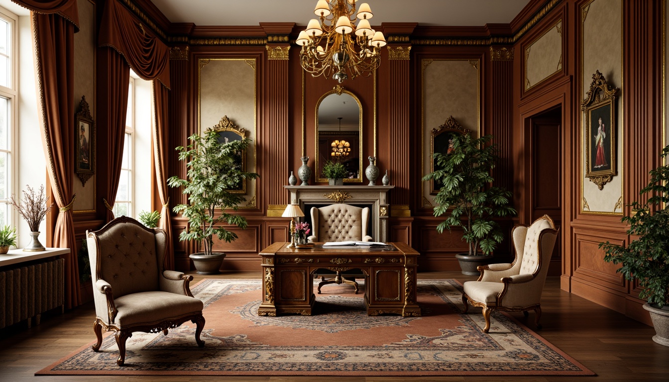 Prompt: Ornate home office, golden accents, intricate carvings, curved lines, plush velvet upholstery, ornamental mirrors, gilded frames, luxurious fabrics, rich wood tones, antique furniture pieces, French-inspired designs, soft warm lighting, shallow depth of field, 3/4 composition, realistic textures, ambient occlusion, carved wooden desks, upholstered office chairs, decorative vases, ornate clock, lavish chandeliers.