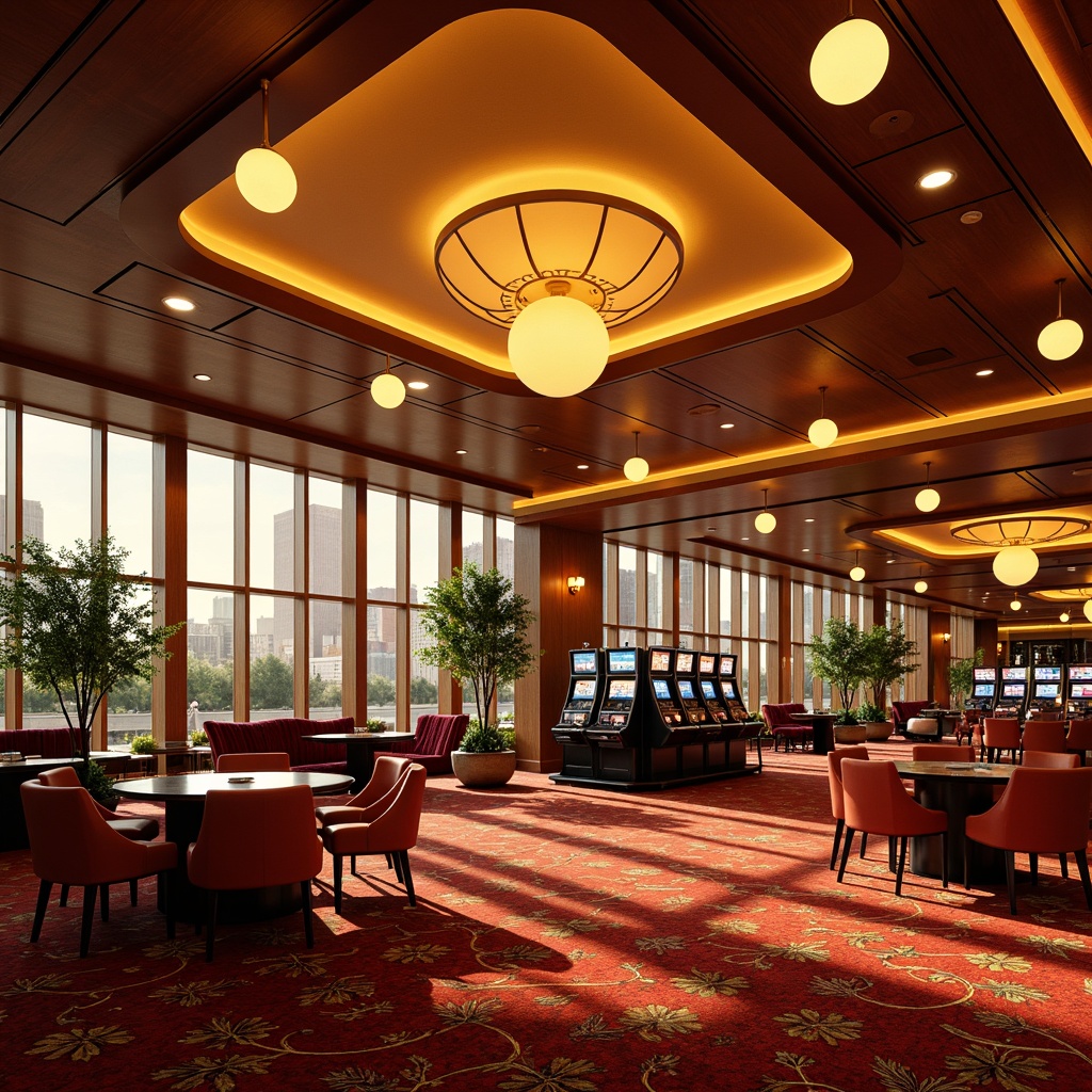 Prompt: Vibrant casino interior, mid-century modern style, warm golden lighting, suspended globe pendant lamps, floor-to-ceiling windows, sleek wooden accents, retro-patterned carpets, minimalist slot machines, elegant curved lines, rich velvet drapes, sophisticated chandeliers, intimate seating areas, dramatic high ceilings, bold color schemes, dynamic shadows, cinematic ambiance, 1/2 composition, soft focus blur, realistic reflections.