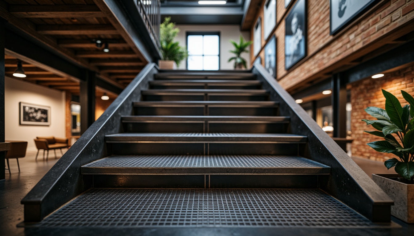 Prompt: Industrial staircase, metal grid flooring, anti-slip coatings, high-traffic durability, heavy-duty steel construction, open riser design, minimalist aesthetic, functional simplicity, urban loft atmosphere, exposed brick walls, steel beams, reclaimed wood accents, warm industrial lighting, 1-point perspective composition, low-angle shot, shallow depth of field.